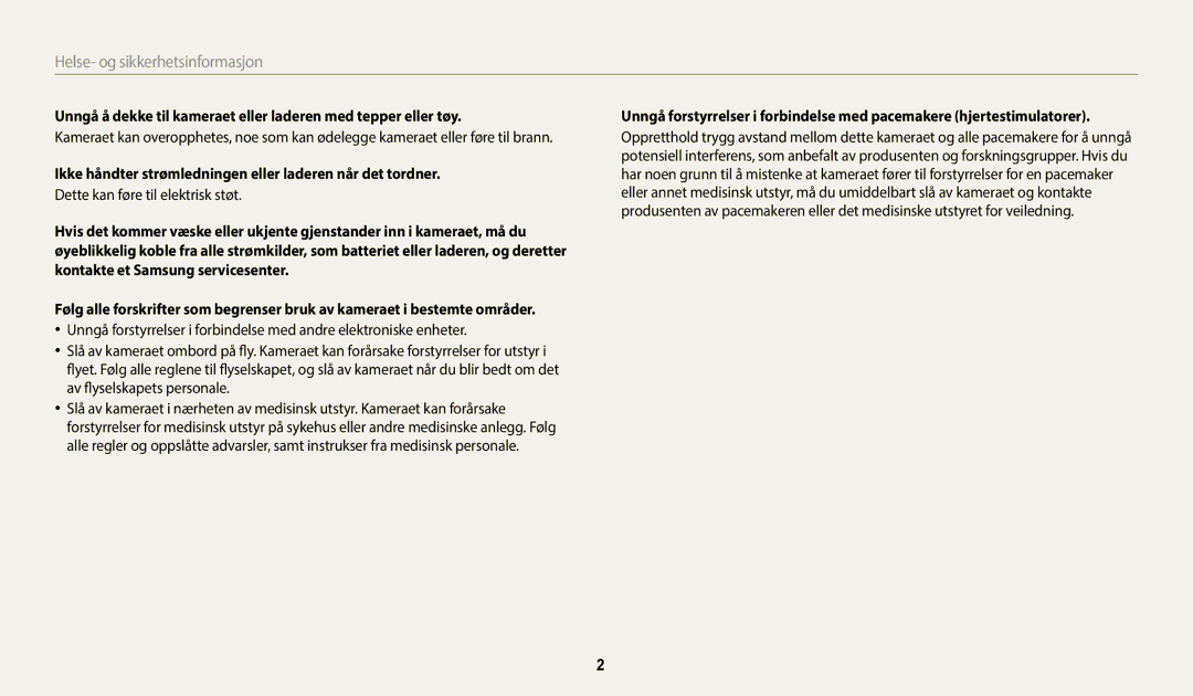 Samsung EC-WB350FBPNE2 manual Helse- og sikkerhetsinformasjon, Ikke håndter strømledningen eller laderen når det tordner 