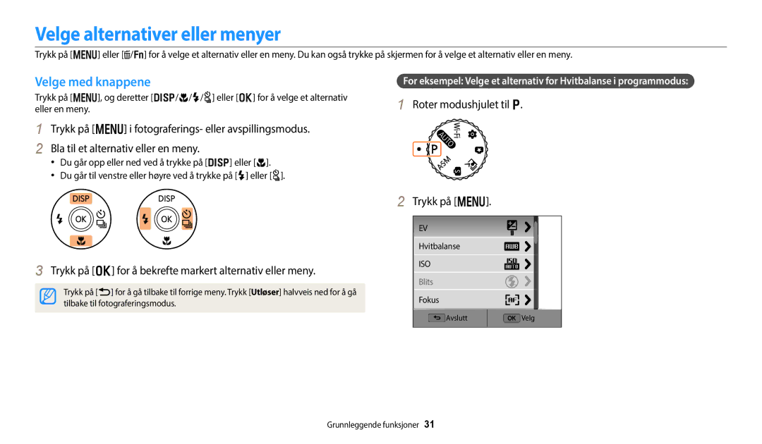 Samsung EC-WB350FBPRE2, EC-WB350FBPWE2, EC-WB50FZBPBE2 manual Velge alternativer eller menyer, Velge med knappene, Trykk på m 