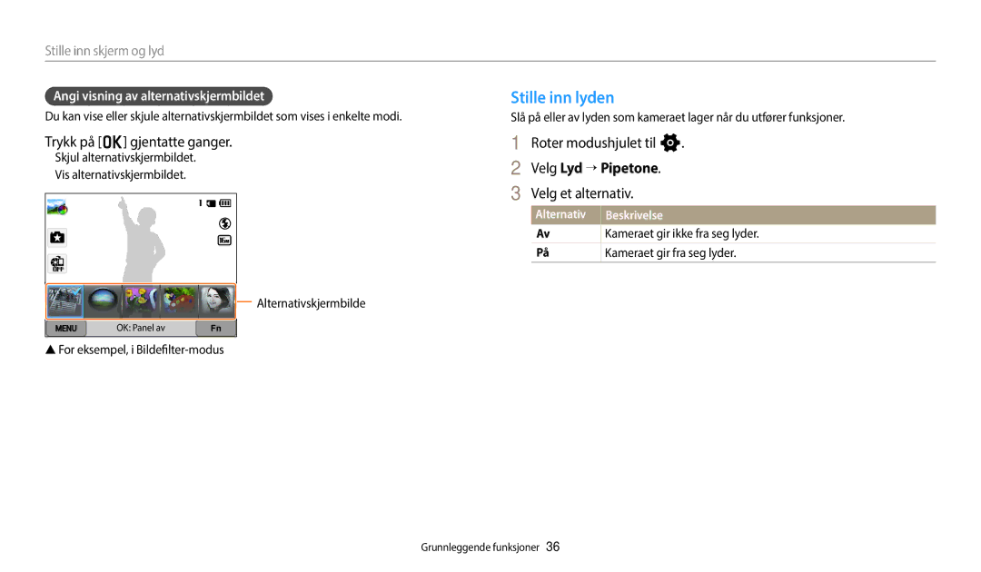 Samsung EC-WB350FBPUE2 manual Stille inn lyden, Trykk på o gjentatte ganger, Velg Lyd → Pipetone, Velg et alternativ 