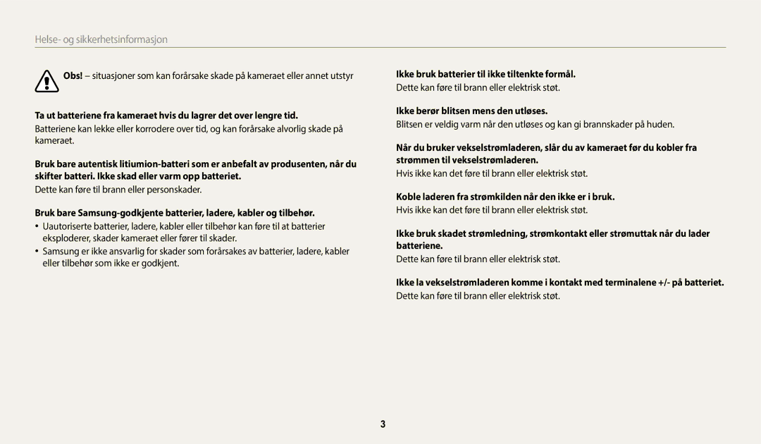 Samsung EC-WB352FBDWE2 manual Dette kan føre til brann eller personskader, Ikke bruk batterier til ikke tiltenkte formål 