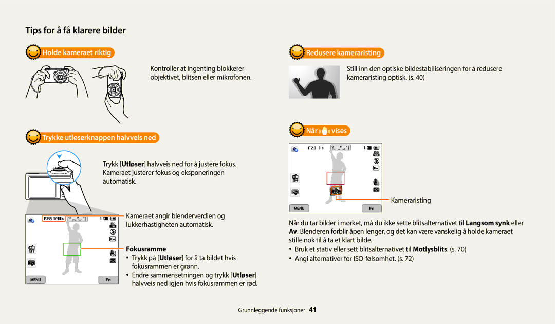 Samsung EC-WB350FBPRE2 manual Holde kameraet riktig, Trykke utløserknappen halvveis ned, Redusere kameraristing, Når vises 