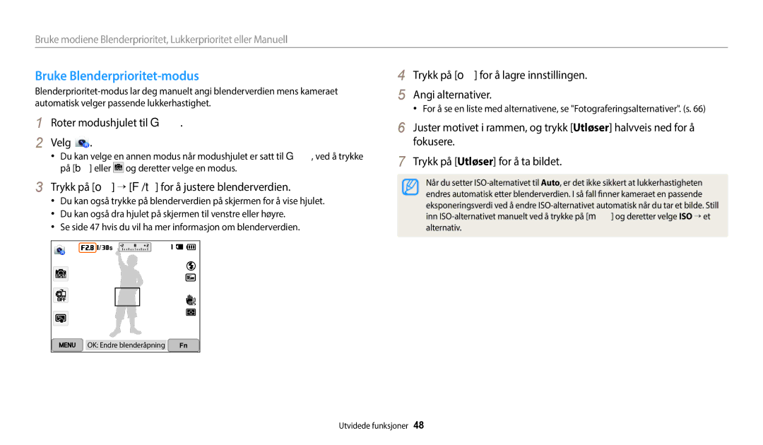 Samsung EC-WB50FZBPRE2, EC-WB350FBPWE2, EC-WB50FZBPBE2 manual Bruke Blenderprioritet-modus, Roter modushjulet til G Velg 