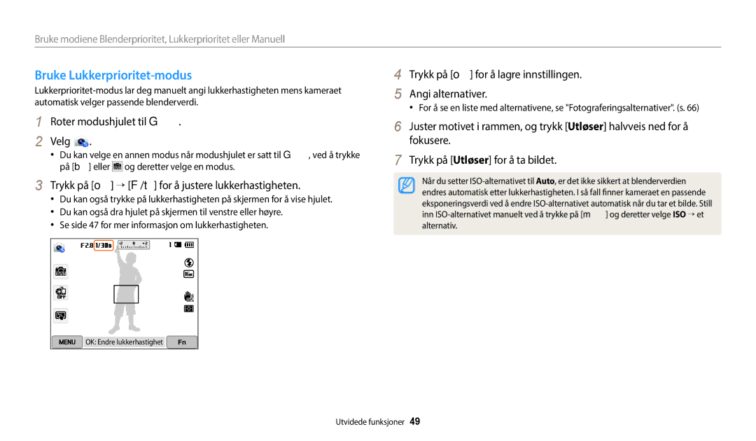 Samsung EC-WB350FBPWE2, EC-WB50FZBPBE2 manual Bruke Lukkerprioritet-modus, Trykk på o → F/t for å justere lukkerhastigheten 