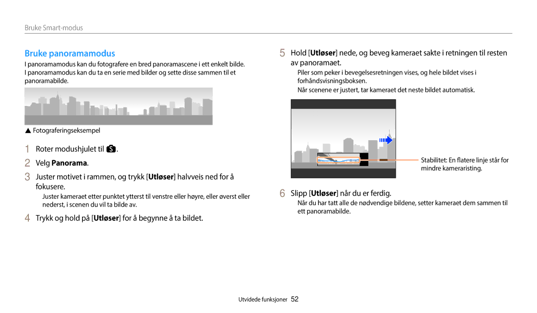 Samsung EC-WB350FBPNE2 manual Bruke panoramamodus, Roter modushjulet til s, Velg Panorama, Slipp Utløser når du er ferdig 