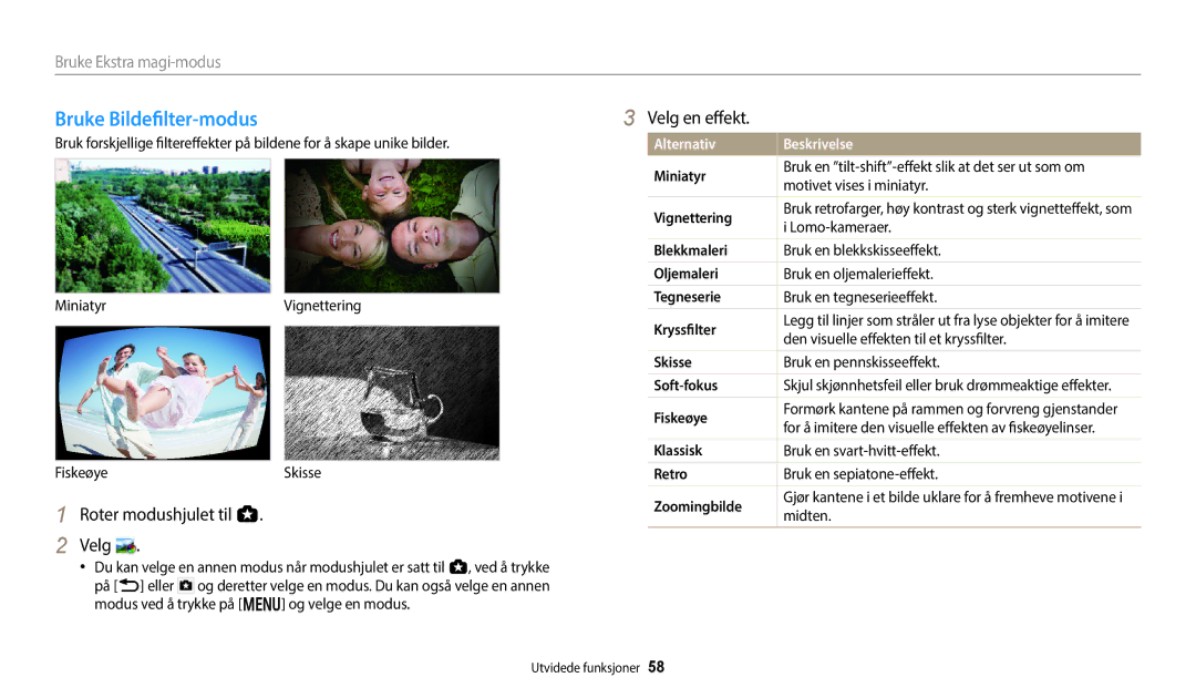 Samsung EC-WB50FZBPRE2, EC-WB350FBPWE2, EC-WB50FZBPBE2, EC-WB350FBPRE2 manual Bruke Bildefilter-modus, Velg en effekt 
