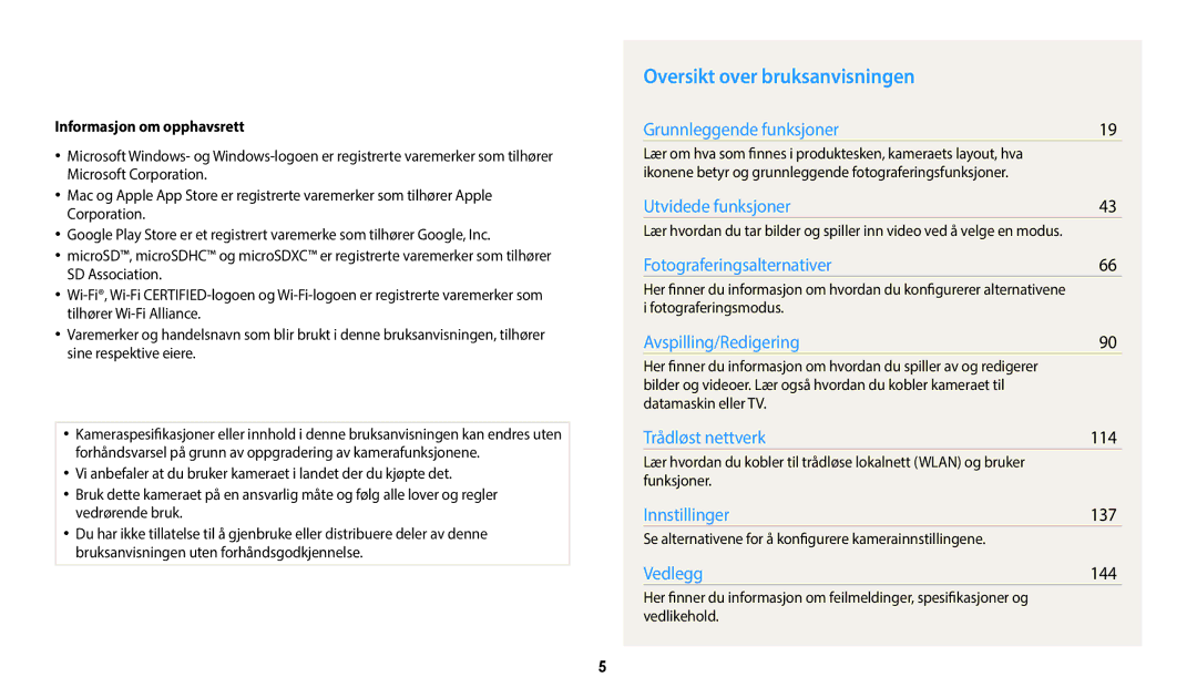 Samsung EC-WB50FZBPWE2, EC-WB350FBPWE2 manual Oversikt over bruksanvisningen, 114, 137, 144, Informasjon om opphavsrett 