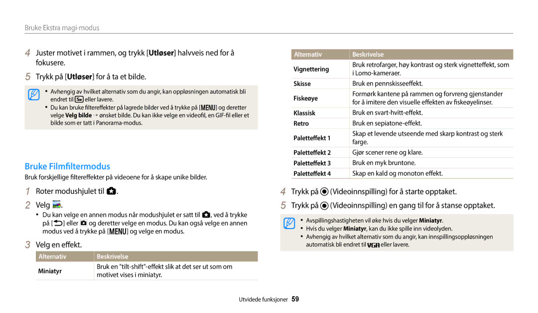 Samsung EC-WB350FBPWE2 Bruke Filmfiltermodus, Trykk på Videoinnspilling for å starte opptaket, Paletteffekt, Alternativ 