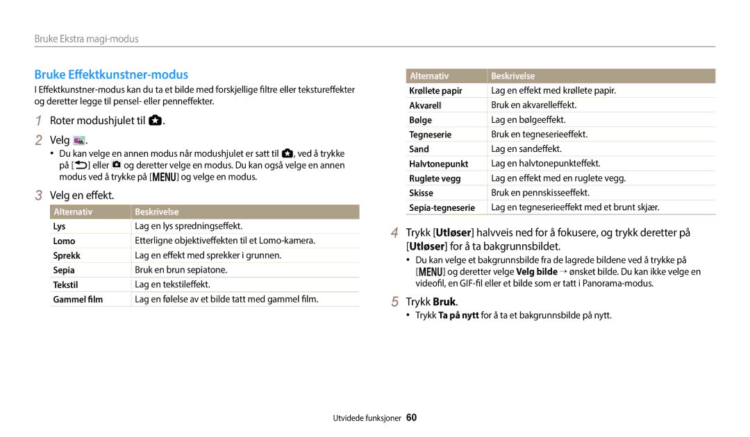 Samsung EC-WB50FZBPBE2, EC-WB350FBPWE2, EC-WB350FBPRE2, EC-WB350FBPNE2, EC-WB352FBDWE2 manual Bruke Effektkunstner-modus 