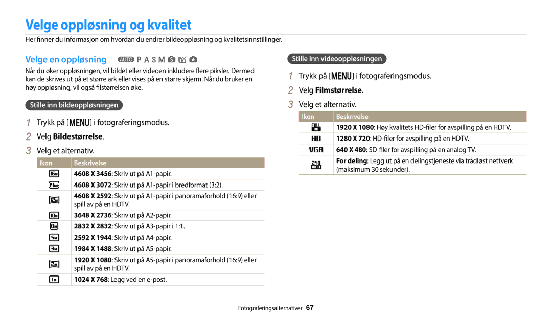 Samsung EC-WB352FBDBE2 manual Velge oppløsning og kvalitet, Velge en oppløsning T p a h M s i g, Velg Bildestørrelse 