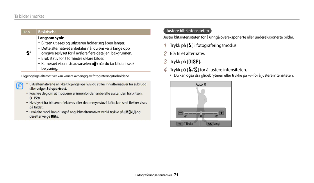 Samsung EC-WB350FBPRE2, EC-WB350FBPWE2, EC-WB50FZBPBE2, EC-WB350FBPNE2 manual Justere blitsintensiteten, Langsom synk 