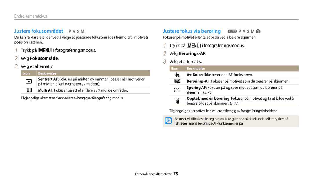 Samsung EC-WB50FZBPWE2 manual Justere fokusområdet p a h M, Justere fokus via berøring T p a h M s, Velg Fokusområde 