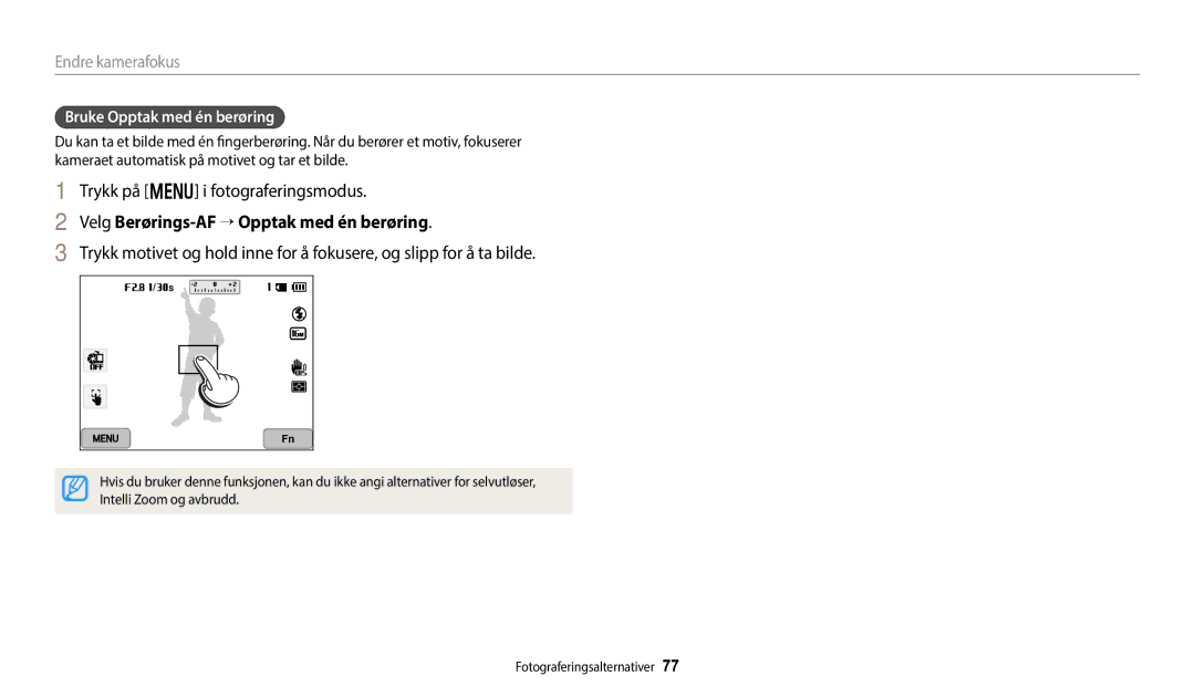 Samsung EC-WB352FBDBE2, EC-WB350FBPWE2 manual Velg Berørings-AF → Opptak med én berøring, Bruke Opptak med én berøring 