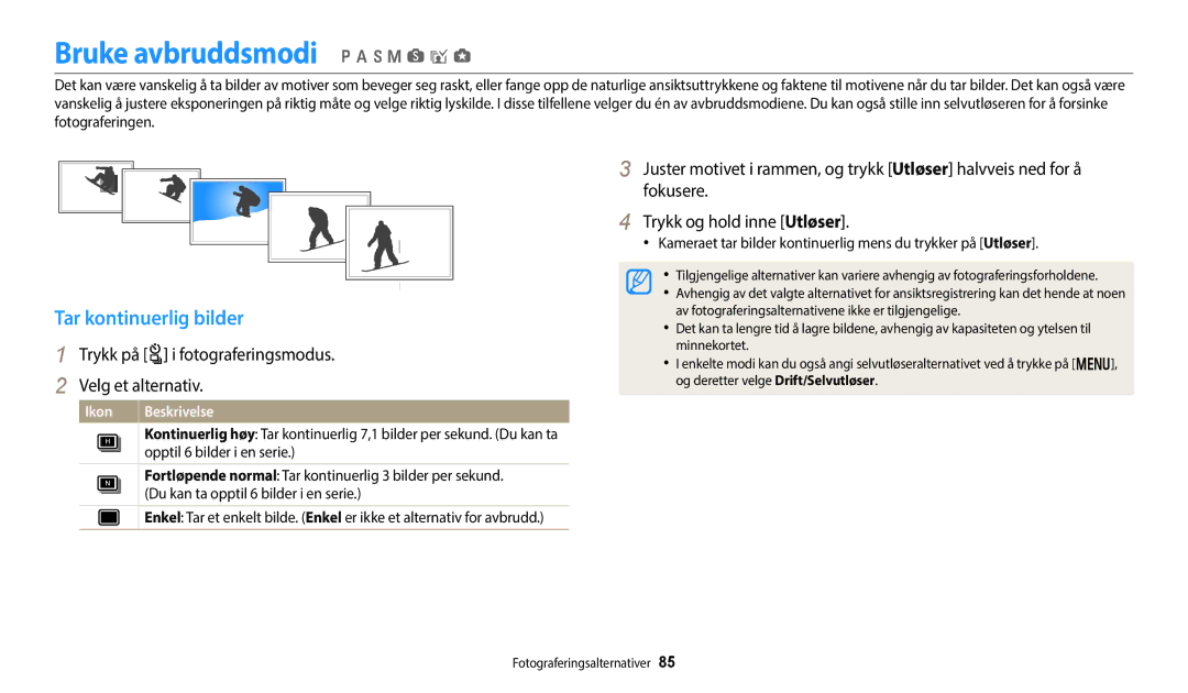 Samsung EC-WB50FZBPWE2, EC-WB350FBPWE2, EC-WB50FZBPBE2 manual Bruke avbruddsmodi p a h M s i g, Tar kontinuerlig bilder 