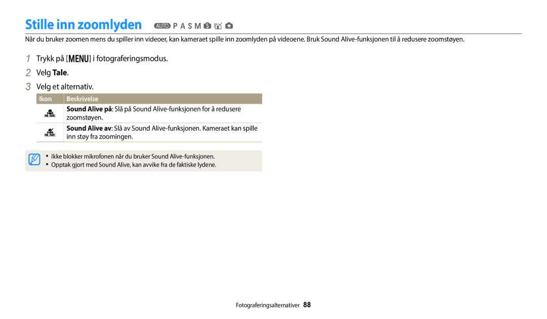 Samsung EC-WB50FZBPRE2, EC-WB350FBPWE2 manual Stille inn zoomlyden T p a h M s i g, Zoomstøyen, Inn støy fra zoomingen 