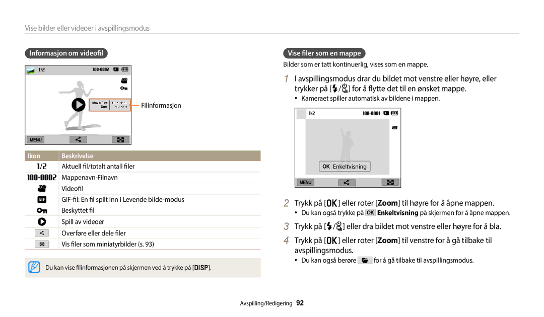 Samsung EC-WB350FBPNE2, EC-WB350FBPWE2 Trykk på o eller roter Zoom til høyre for å åpne mappen, Informasjon om videofil 