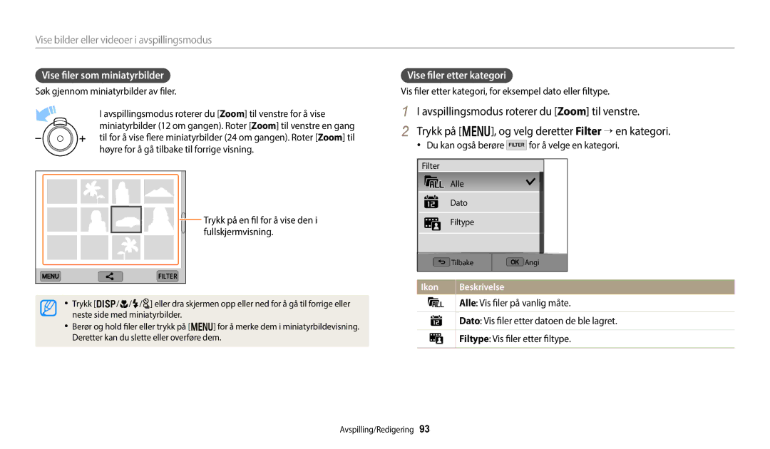 Samsung EC-WB352FBDWE2, EC-WB350FBPWE2, EC-WB50FZBPBE2 manual Vise filer som miniatyrbilder, Vise filer etter kategori 