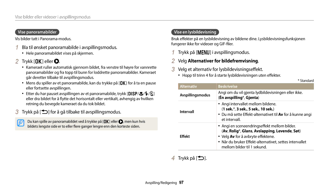 Samsung EC-WB352FBDBE2, EC-WB350FBPWE2, EC-WB50FZBPBE2 manual Bla til ønsket panoramabilde i avspillingsmodus, Trykk o eller 