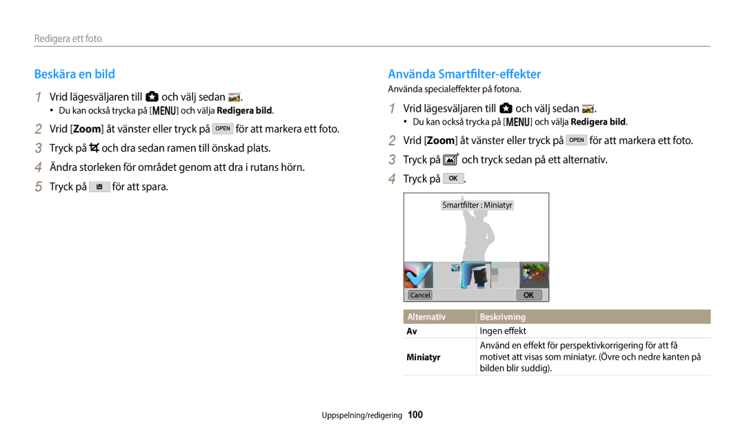 Samsung EC-WB50FZBPBE2 Beskära en bild, Använda Smartfilter-effekter, Använda specialeffekter på fotona, Ingen effekt 