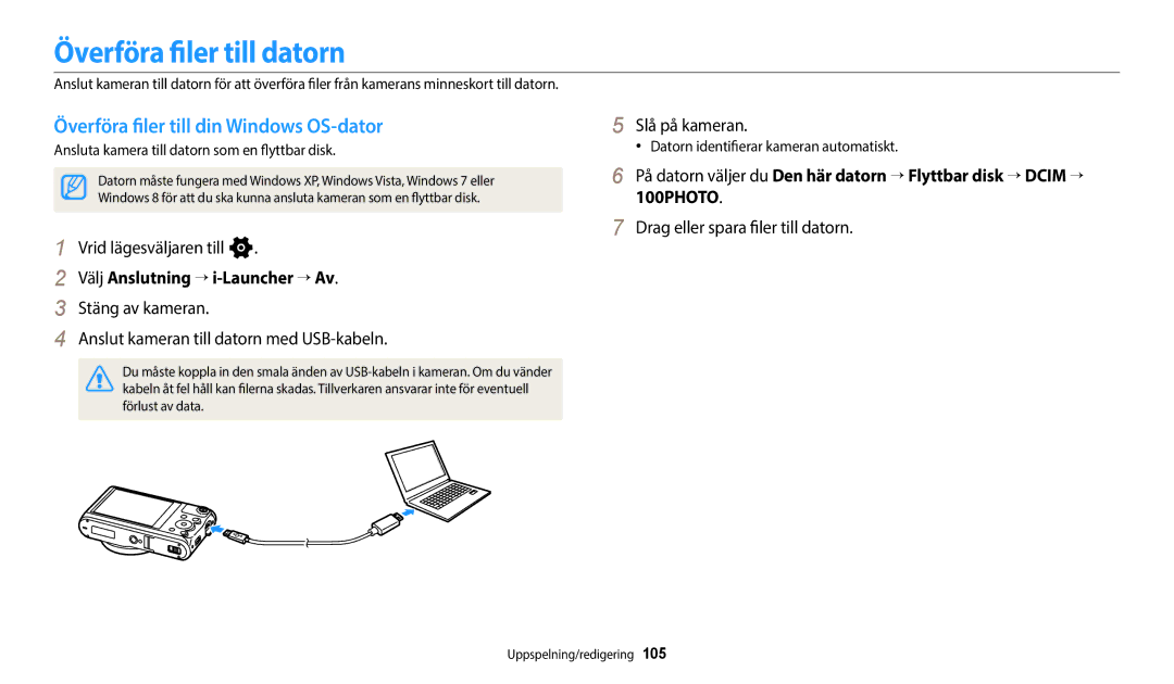 Samsung EC-WB50FZBPWE2, EC-WB350FBPWE2, EC-WB50FZBPBE2 Överföra filer till datorn, Överföra filer till din Windows OS-dator 