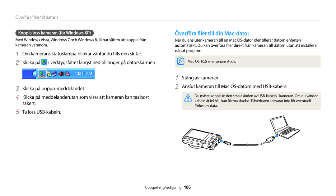 Samsung EC-WB350FBPUE2, EC-WB350FBPWE2 manual Överföra filer till din Mac-dator, Koppla loss kameran för Windows XP 