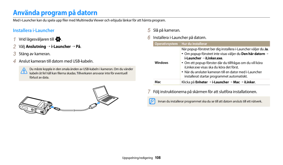 Samsung EC-WB50FZBPRE2, EC-WB350FBPWE2 Använda program på datorn, Installera i-Launcher, Välj Anslutning → i-Launcher → På 