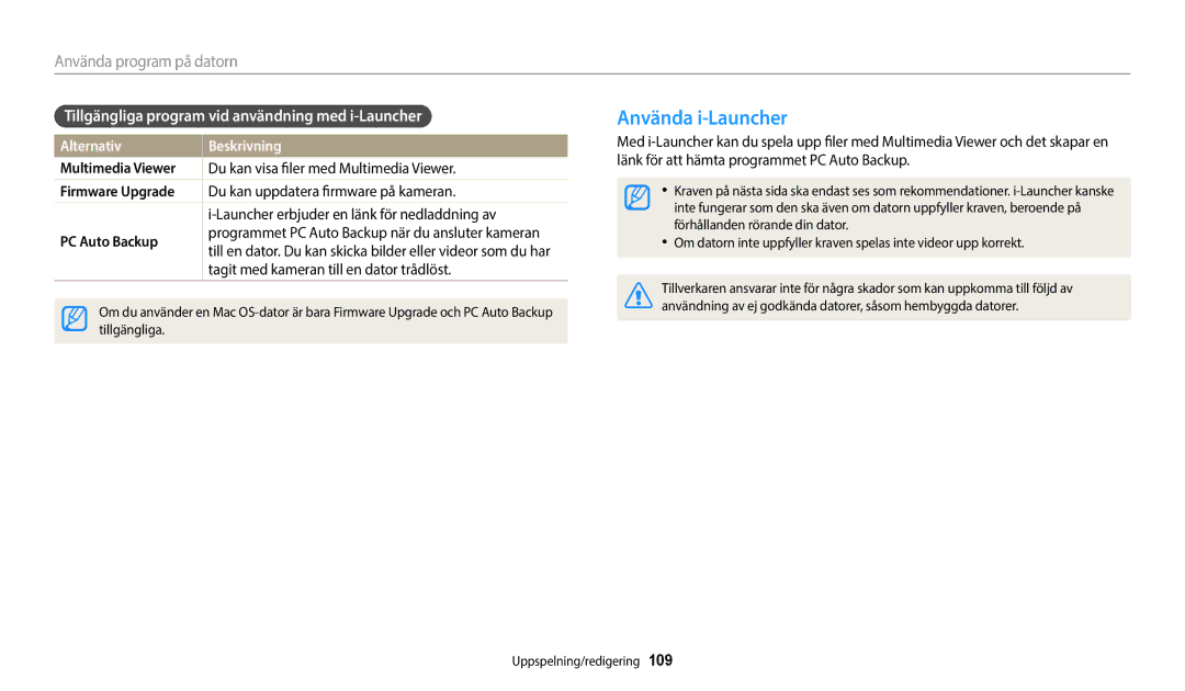 Samsung EC-WB350FBPWE2 manual Använda i-Launcher, Tillgängliga program vid användning med i-Launcher, Multimedia Viewer 