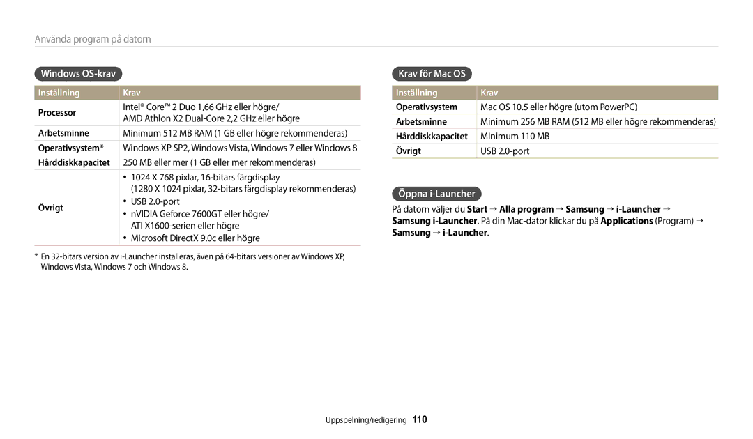 Samsung EC-WB50FZBPBE2, EC-WB350FBPWE2, EC-WB350FBPRE2 Windows OS-krav, Krav för Mac OS, Öppna i-Launcher, Inställning Krav 