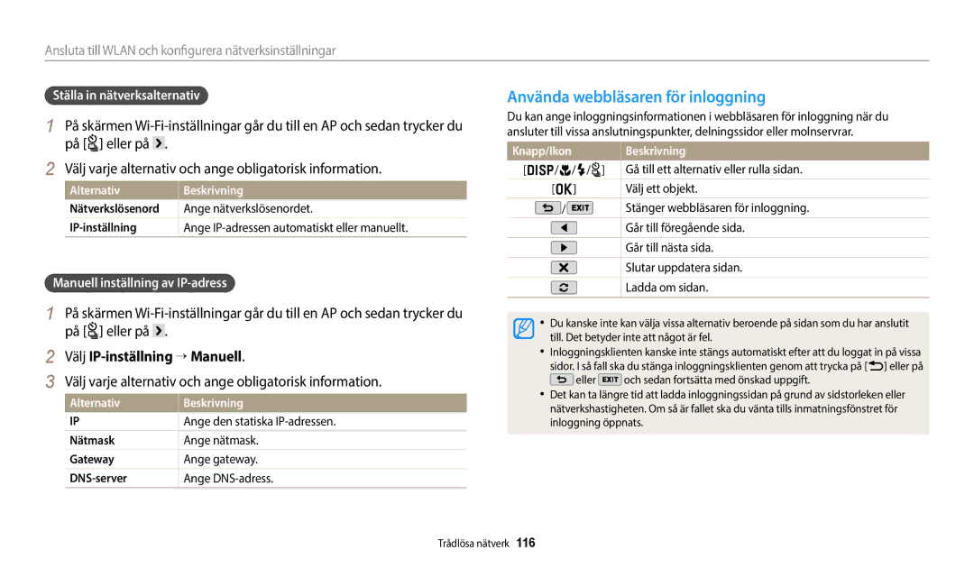 Samsung EC-WB350FBPUE2 Använda webbläsaren för inloggning, Välj IP-inställning → Manuell, Ställa in nätverksalternativ 