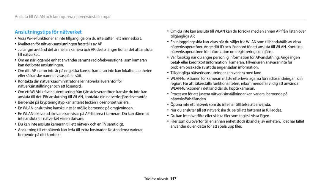 Samsung EC-WB352FBDBE2 manual Anslutningstips för nätverket, Tillgängliga nätverksanslutningar kan variera med land 