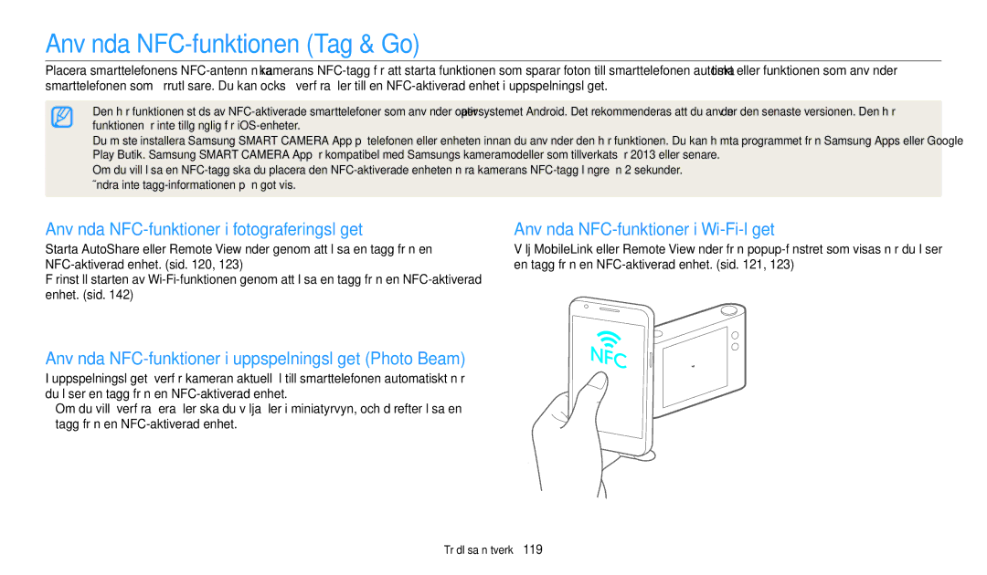 Samsung EC-WB350FBPWE2, EC-WB50FZBPBE2 manual Använda NFC-funktionen Tag & Go, Använda NFC-funktioner i fotograferingsläget 