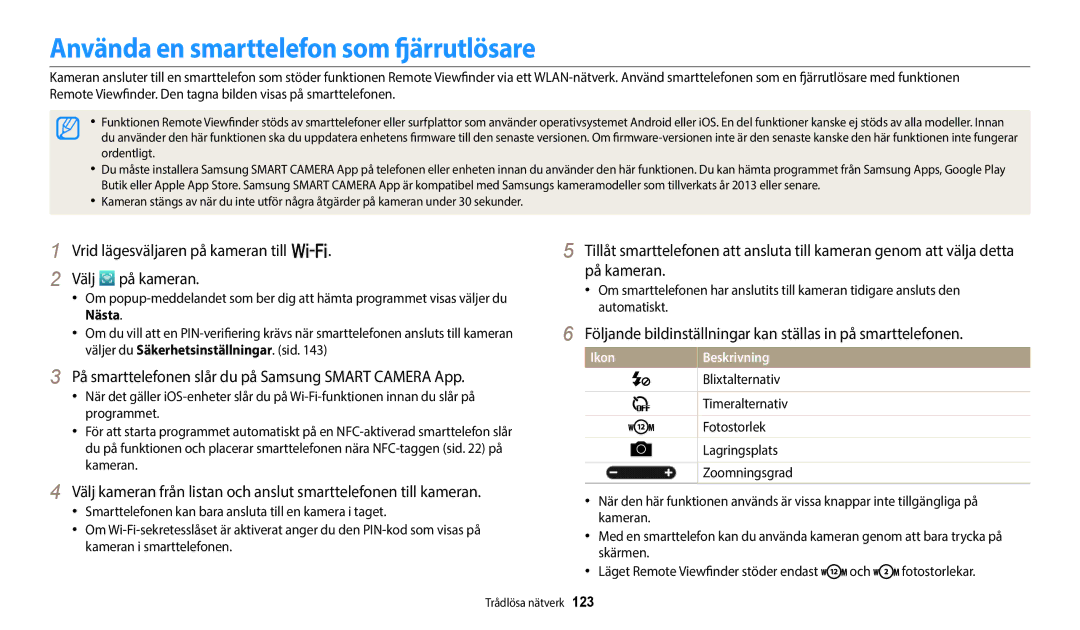 Samsung EC-WB352FBDWE2, EC-WB350FBPWE2, EC-WB50FZBPBE2, EC-WB350FBPRE2 manual Använda en smarttelefon som fjärrutlösare 