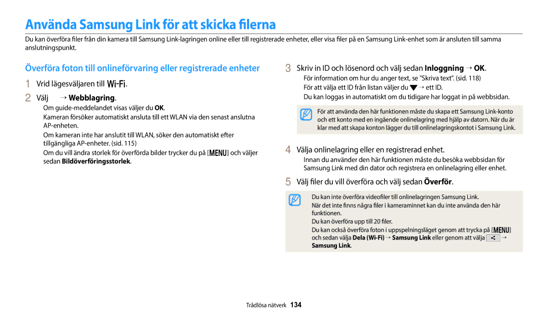 Samsung EC-WB350FBPBE2, EC-WB350FBPWE2, EC-WB50FZBPBE2 manual Använda Samsung Link för att skicka filerna, Välj → Webblagring 