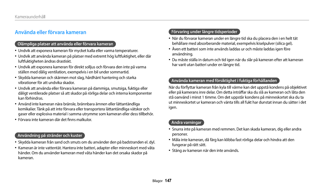 Samsung EC-WB352FBDBE2, EC-WB350FBPWE2, EC-WB50FZBPBE2, EC-WB350FBPRE2, EC-WB350FBPNE2 manual Använda eller förvara kameran 