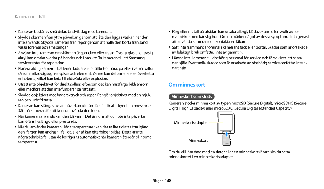 Samsung EC-WB50FZBPRE2, EC-WB350FBPWE2, EC-WB50FZBPBE2, EC-WB350FBPRE2, EC-WB350FBPNE2 Om minneskort, Minneskort som stöds 