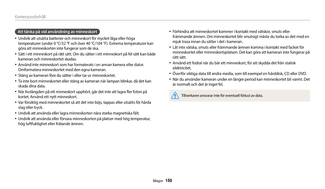 Samsung EC-WB50FZBPBE2, EC-WB350FBPWE2, EC-WB350FBPRE2, EC-WB350FBPNE2 manual Att tänka på vid användning av minneskort 