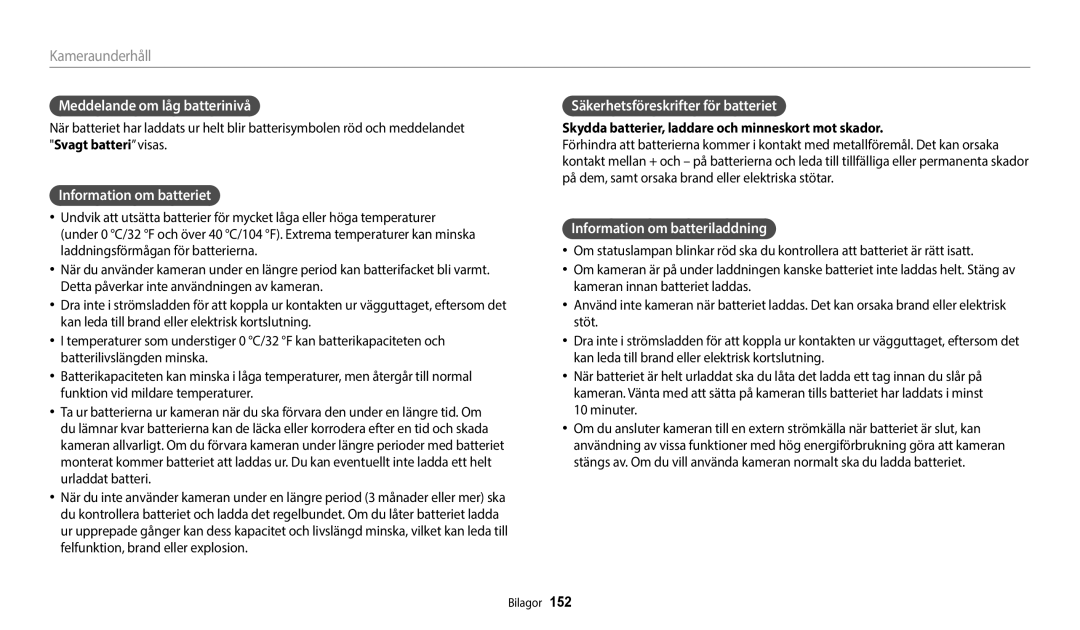 Samsung EC-WB350FBPNE2 manual Meddelande om låg batterinivå, Information om batteriet, Säkerhetsföreskrifter för batteriet 