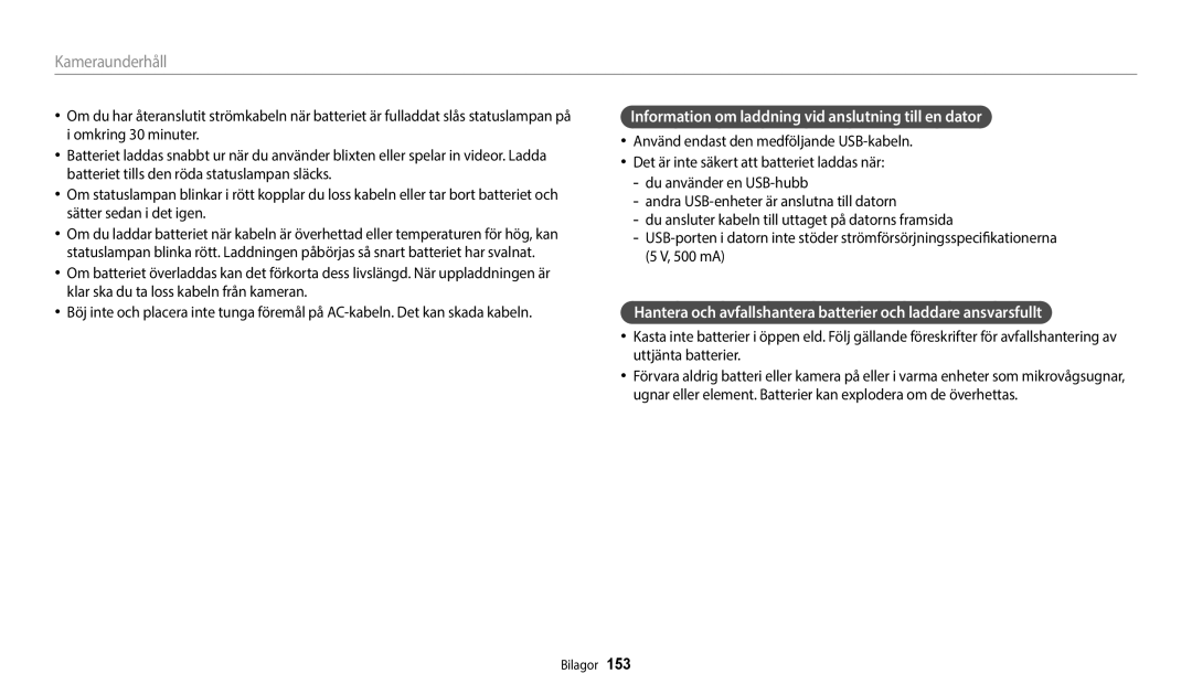 Samsung EC-WB352FBDWE2, EC-WB350FBPWE2, EC-WB50FZBPBE2, EC-WB350FBPRE2 Information om laddning vid anslutning till en dator 