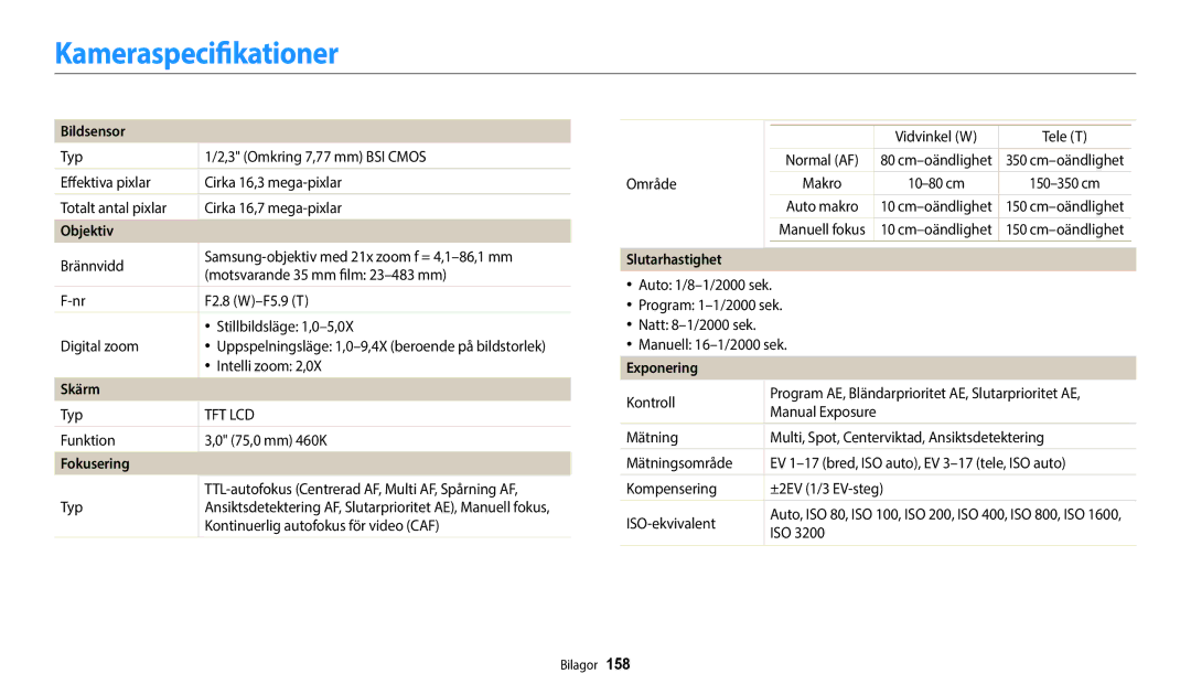 Samsung EC-WB50FZBPRE2, EC-WB350FBPWE2, EC-WB50FZBPBE2, EC-WB350FBPRE2, EC-WB350FBPNE2, EC-WB352FBDWE2 Kameraspecifikationer 