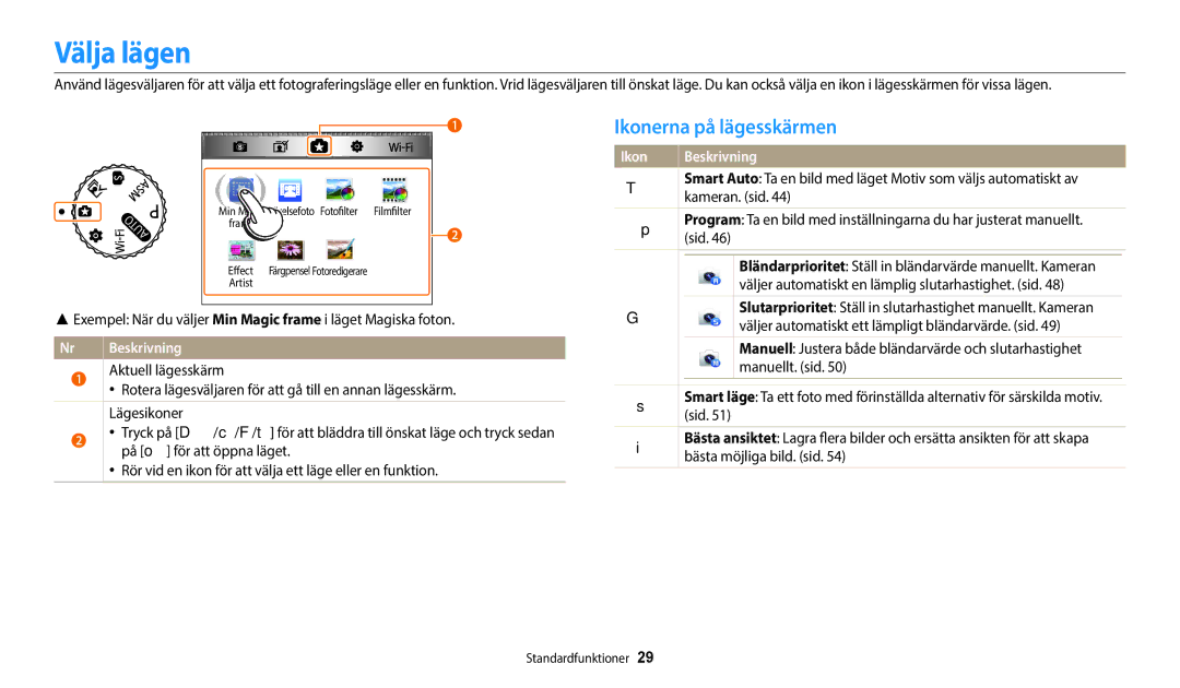 Samsung EC-WB350FBPWE2, EC-WB50FZBPBE2, EC-WB350FBPRE2, EC-WB350FBPNE2, EC-WB352FBDWE2 Välja lägen, Ikonerna på lägesskärmen 