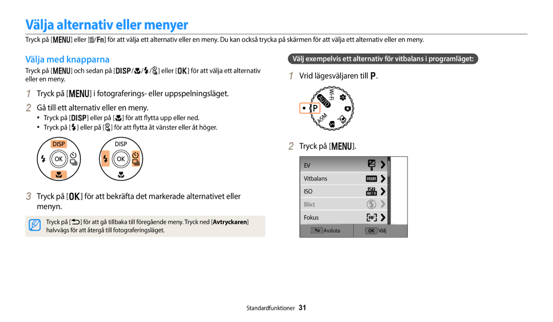 Samsung EC-WB350FBPRE2, EC-WB350FBPWE2, EC-WB50FZBPBE2 manual Välja alternativ eller menyer, Välja med knapparna, Tryck på m 