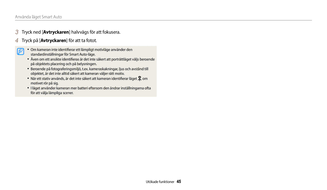 Samsung EC-WB50FZBPWE2, EC-WB350FBPWE2, EC-WB50FZBPBE2, EC-WB350FBPRE2, EC-WB350FBPNE2 manual Använda läget Smart Auto 