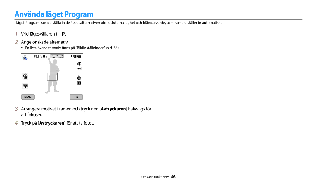 Samsung EC-WB350FBPUE2, EC-WB350FBPWE2 manual Använda läget Program, Vrid lägesväljaren till p Ange önskade alternativ 