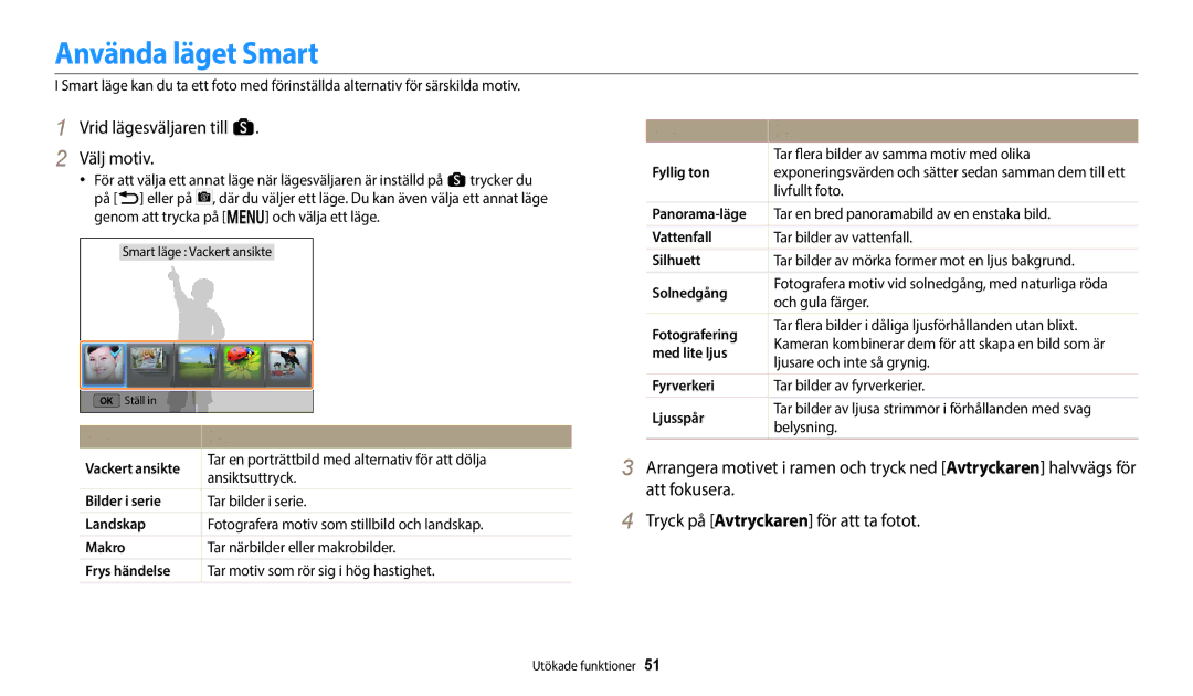 Samsung EC-WB350FBPRE2, EC-WB350FBPWE2 Använda läget Smart, Vrid lägesväljaren till s Välj motiv, Alternativ Beskrivning 