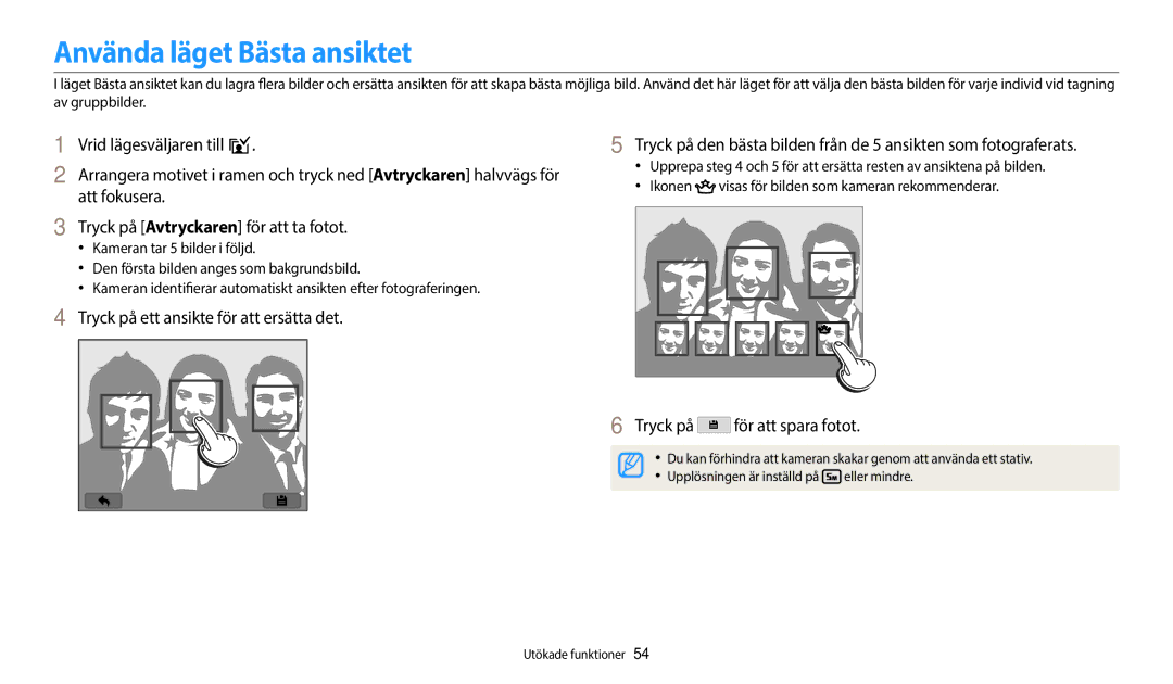 Samsung EC-WB350FBPBE2, EC-WB350FBPWE2, EC-WB50FZBPBE2 manual Använda läget Bästa ansiktet, Tryck på för att spara fotot 