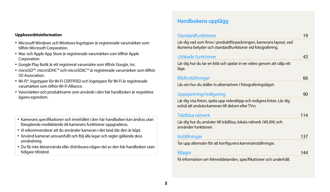 Samsung EC-WB50FZBPWE2, EC-WB350FBPWE2, EC-WB50FZBPBE2, EC-WB350FBPRE2 manual Handbokens upplägg, Upphovsrättsinformation 