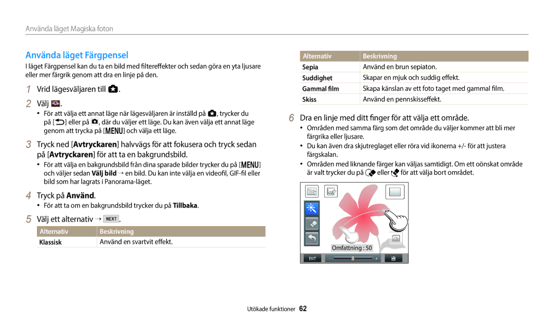 Samsung EC-WB350FBPNE2, EC-WB350FBPWE2, EC-WB50FZBPBE2, EC-WB350FBPRE2 manual Använda läget Färgpensel, Välj ett alternativ → 