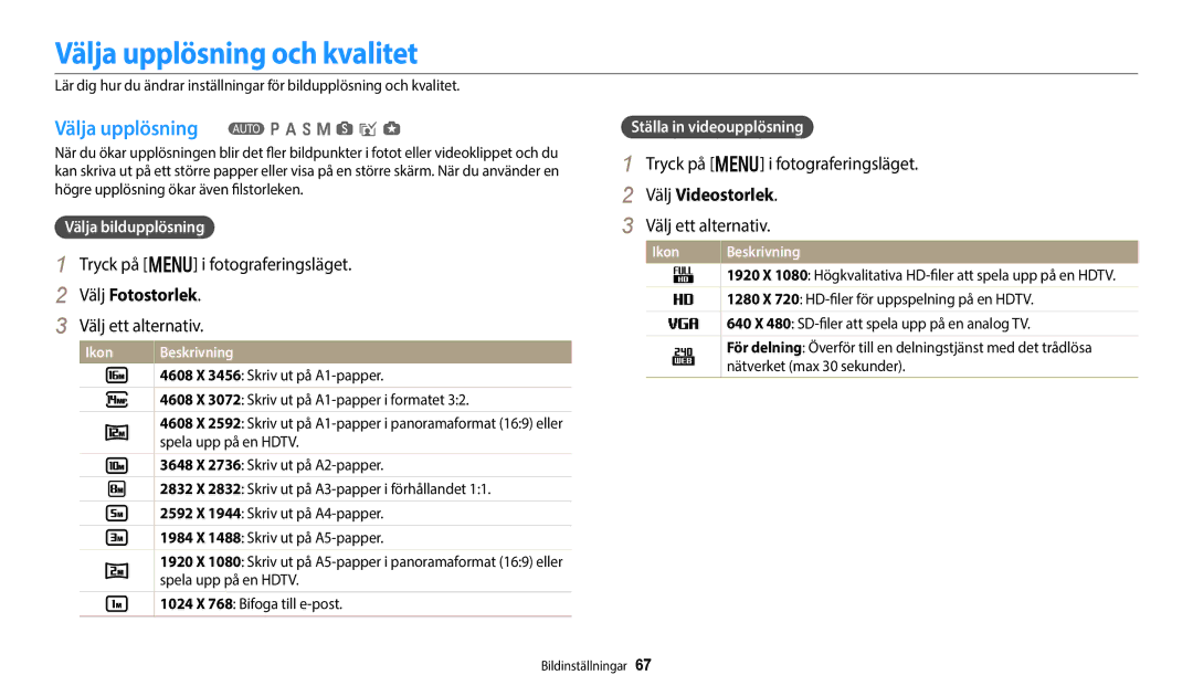 Samsung EC-WB352FBDBE2, EC-WB350FBPWE2 Välja upplösning och kvalitet, Välja upplösning T p a h M s i g, Välj Fotostorlek 