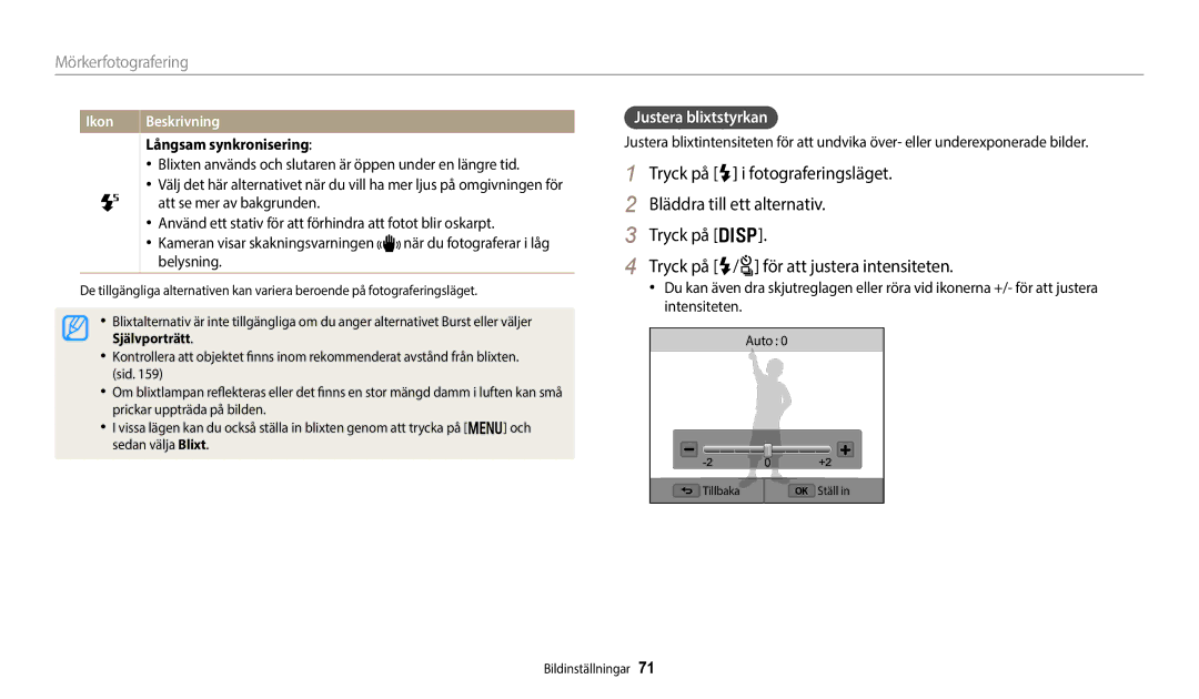 Samsung EC-WB350FBPRE2, EC-WB350FBPWE2, EC-WB50FZBPBE2, EC-WB350FBPNE2 manual Justera blixtstyrkan, Långsam synkronisering 