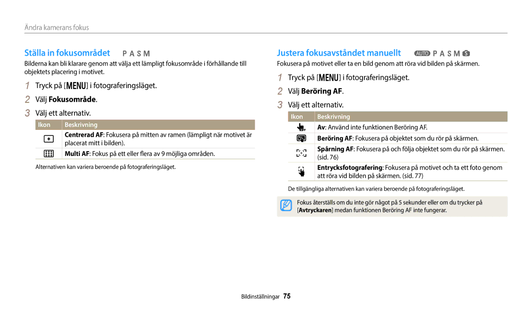 Samsung EC-WB50FZBPWE2 manual Ställa in fokusområdet p a h M, Justera fokusavståndet manuellt T p a h M s, Välj Fokusområde 