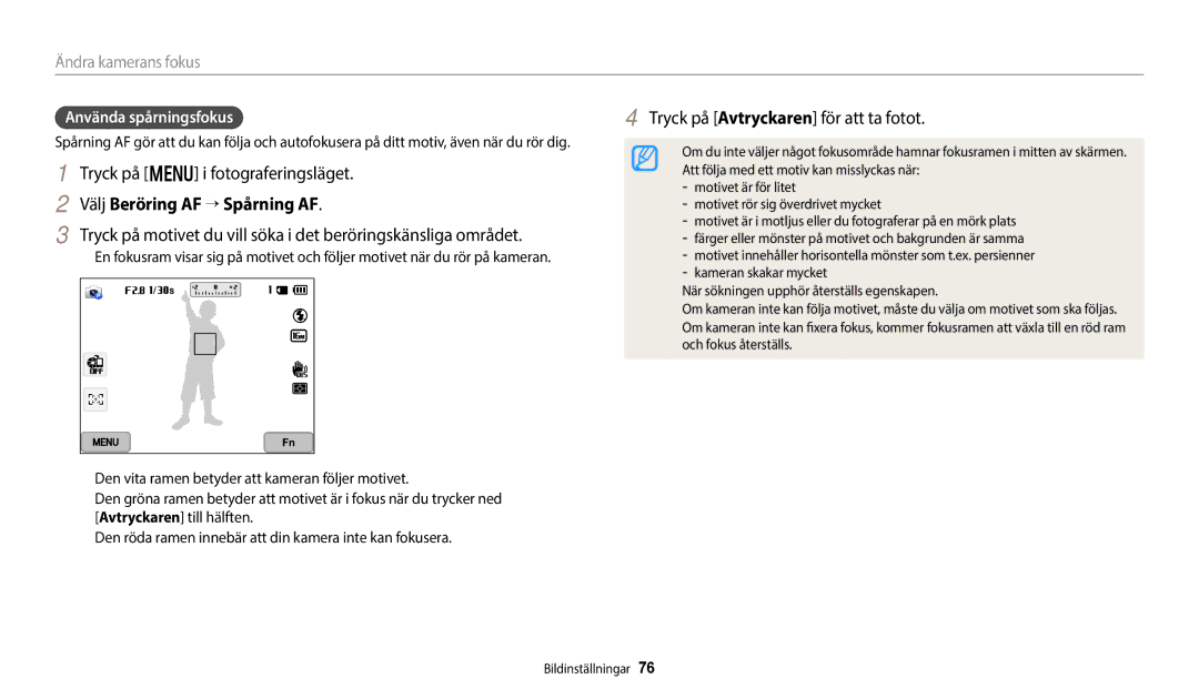 Samsung EC-WB350FBPUE2, EC-WB350FBPWE2, EC-WB50FZBPBE2 manual Välj Beröring AF → Spårning AF, Använda spårningsfokus 